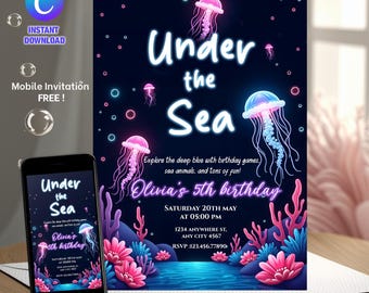 Under the Sea Neon Birthday Invitation: Ocean Animals Canva Template (5x7 Digital Download)