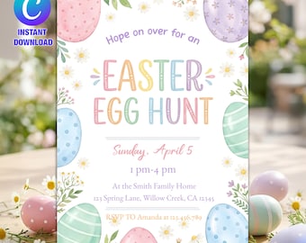 Invitación a la búsqueda de huevos de Pascua, Fiesta con mis amigos, Invitación de conejito de Pascua, Huevo de Pascua dorado, Invitación a fiesta de Pascua, Descarga instantánea, Canva editable