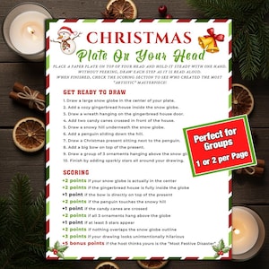 May include: A Christmas party game titled "Christmas Plate On Your Head" with instructions and a scoring system. The game is on a white background with red and green decorative borders and a "Perfect for Groups" sign.