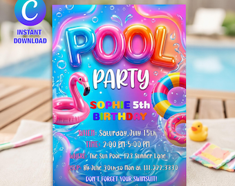 Invitación de cumpleaños para niñas en la piscina, cumpleaños para niñas adolescentes, fiesta de verano en la piscina, editable, plantilla de Canva.