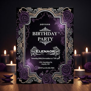 Gothic Blumen Geburtstagseinladung: Schwarze & Lila Rosen (Canva Digital Download)