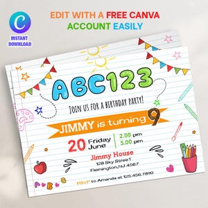 Alphabet Birthday Party Invitation: Editable Canva Template (Digital Download)