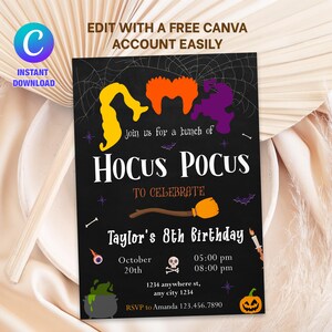 May include: Black Halloween-themed invitation with the text "Hocus Pocus" and "Taylor's 8th Birthday." The design includes witch hair silhouettes, a broom, a cauldron, and a jack-o'-lantern. The invitation also includes the text "Edit with a free Canva account easily."