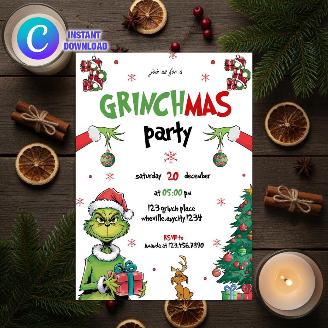 Editable Grinch Birthday Invitation | Merry Grinchmas Invitation ...