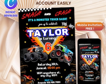 Invito di compleanno a tema monster truck, modello di invito di compleanno a tema monster truck modificabile per ragazzi, invito di compleanno a tema camion, invito a tema monster truck