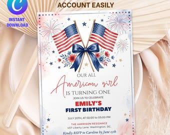 One All American Girl 1st Birthday Invitation, 4th of July Bow Birthday Invitation for Summer Girl First Birthday, Red White and Blue