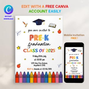 Editable Preschool Graduation Invitation, PreK Announcement Party Invite, Preschool Electronic Template, Editable Printable Template
