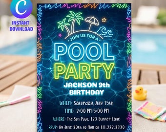 Invitación de cumpleaños editable para fiesta en la piscina, invitación para nadar con brillo neón para niños, plantilla Canva de cumpleaños en piscina azul y verde, descarga digital Evite Boy