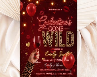 Invitación de leopardo para la fiesta de Galentine, Noche de chicas, editable en Canva (descarga digital)