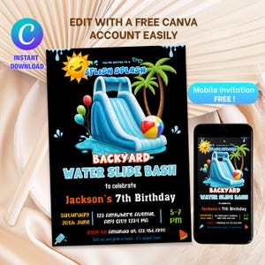 May include: A black and white digital invitation for a backyard water slide bash to celebrate Jackson's 7th birthday. The invitation features a cartoon water slide, palm trees, and the text "Splish Splash".