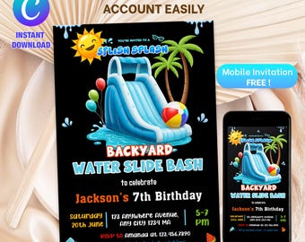 May include: A black and white digital invitation for a backyard water slide bash to celebrate Jackson's 7th birthday. The invitation features a cartoon water slide, palm trees, and the text "Splish Splash".
