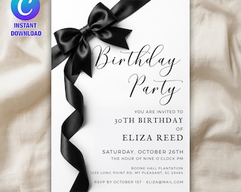 Editable Black Bow Birthday Invitation Minimalist Black Bow Birthday Invite Black Ribbon Coquette 16th 18th 21st 30th Birthday Party Canva
