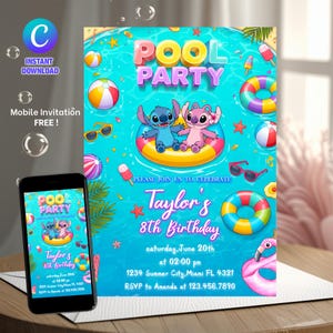 Geburtstagseinladung Stitch Pool Party für Mädchen Editierbare Stitch Einladung Hawaii-Party einladen Tropische Geburtstagseinladung