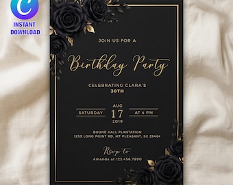 Black Gold Birthday Invite Template | Editable Party Invitation | Luxury Adult Event Invite | Instant Download