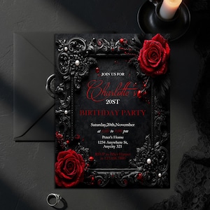 May include: Black birthday party invitation with red roses and ornate frame. The invitation reads "Join us for Charlotte's 20st Birthday Party" with event details. Includes an envelope and a ring.