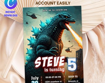 Godzilla Birthday Invitation: Editable Monster Party Invite (Digital Download, 5x7" PNG & PDF)