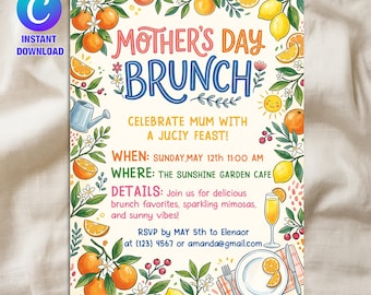 Plantilla de invitación para brunch del Día de la Madre, invitación floral editable para desayuno del Día de la Madre