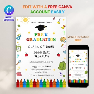 Editable Preschool Graduation Invitation, PreK Announcement Party Invite, Preschool Electronic Template, Editable Printable Template