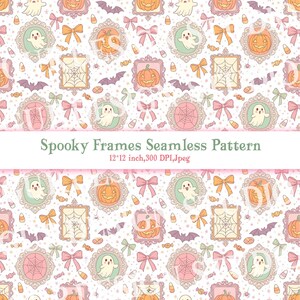 May include: A seamless pattern with Halloween motifs, including frames, pumpkins, ghosts, spiderwebs, bats, and bows in pastel shades. The text reads "Spooky Frames Seamless Pattern". The pattern is 30.48cm x 30.48cm.