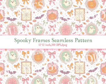 Trendy Spooky Stamp Frames Seamless Pattern for Halloween, Pumpkin Patchwork Pattern Paper Digital Download