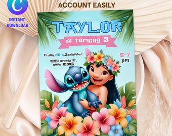 Invito di compleanno a tema Stitch, invito di compleanno a tema Lilo e Stitch, modello di invito per festa di compleanno a tema Stitch, ragazza del compleanno a tema Stitch, modificabile su Canva