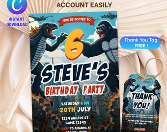 King Kong vs Godzilla Birthday Invitation: Kid Invite, Editable Canva