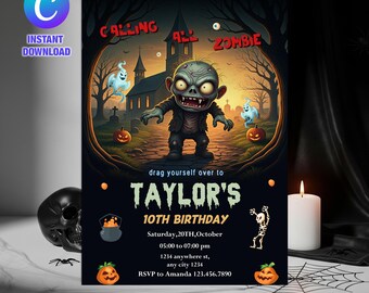 Può includere: Un invito a tema Halloween con un'illustrazione di uno zombie dei cartoni animati. Il testo recita "Calling All Zombie" e "10° compleanno di Taylor". Include zucche, fantasmi e una chiesa. Il testo "Download istantaneo" è visibile.