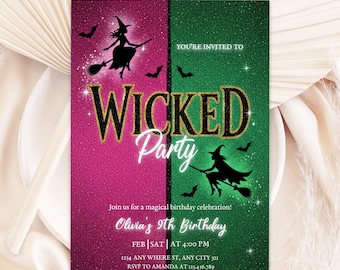 Invitación de fiesta de cumpleaños de Wicked, invitación de fiesta de Wicked, boleto de película inspirado en WICKED, tema de Elphaba y Glinda, fiesta de película, Canva editable
