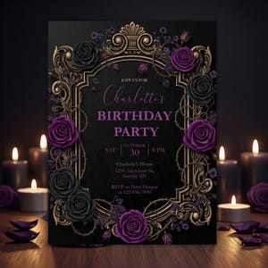 Black and Purple Gothic Floral Invitation, Gothic Birthday, Customizable, Birthday Invite, Halloween, Dark Fantasy, Canva Digital Download