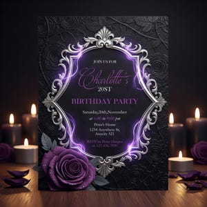 Gothic Floral Einladung: Schwarze & Lila Rosen, Elegant Birthday (Canva Digital Download)