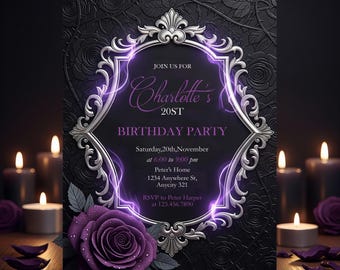 Invitación floral gótica: rosas negras y moradas, elegante cumpleaños (descarga digital de Canva)