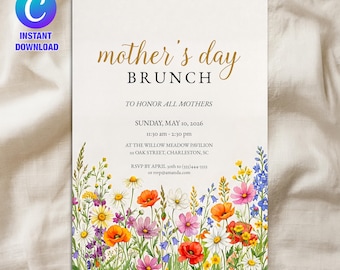 Plantilla de invitación para brunch del Día de la Madre, invitación para fiesta del Día de la Madre, invitación para almuerzo del Día de la Madre, invitación floral editable para desayuno del Día de la Madre