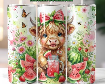 Watermelon Highlands Cow Tumbler 20 oz Skinny Tumbler Sublimation Design, Cute Cow Summer Fruit PNG Instant Download Seamless Tumbler Wrap