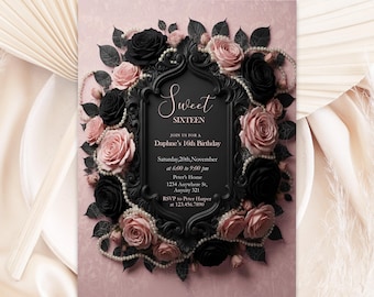 Invitación editable de 16 años, en negro y rosa, con flores, plantilla personalizable de Canva, descarga digital.
