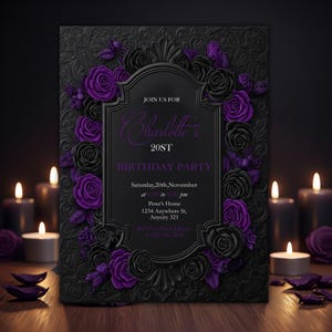 Black and Purple Gothic Floral Invitation, Gothic Birthday, Customizable, Birthday Invite, Halloween, Dark Fantasy, Canva Digital Download