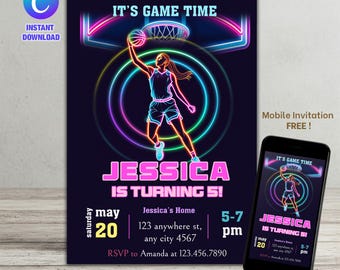 Girl Basketball Birthday Invitation: Pastel Colors, Canva Template (Digital Download)