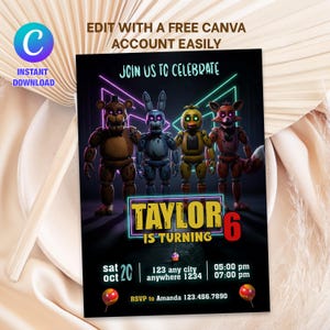 Puede incluir: Una invitación negra con el texto "JOIN US TO CELEBRATE" y "TAYLOR IS TURNING 6". La invitación presenta personajes de dibujos animados y detalles del evento. Incluye el texto "EDIT WITH A FREE CANVA ACCOUNT EASILY" y "INSTANT DOWNLOAD".