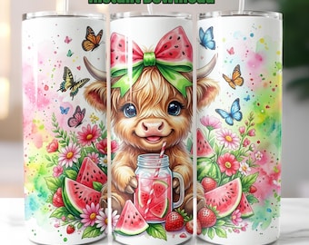 Watermelon Highlands Cow Tumbler 20 oz Skinny Tumbler Sublimation Design, Cute Cow Summer Fruit PNG Instant Download Seamless Tumbler Wrap