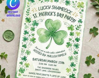Invitación de San Patricio con trébol: Invitación verde irlandesa editable (5x7) (Descarga imprimible)