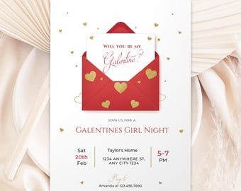 Plantilla imprimible de invitación para la fiesta de Galentine, invitación para el Día de San Valentín para niñas en rosa y rojo
