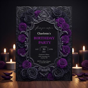 Black and Purple Gothic Floral Invitation, Gothic Birthday, Customizable, Birthday Invite, Halloween, Dark Fantasy, Canva Digital Download