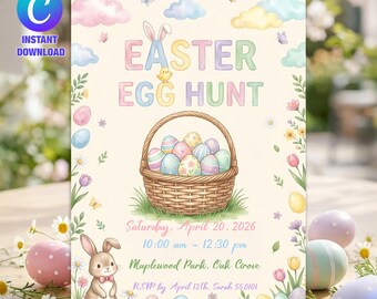 Invitación a la búsqueda de huevos de Pascua, Fiesta con mis amigos, Invitación de conejito de Pascua, Huevo de Pascua dorado, Invitación a fiesta de Pascua, Descarga instantánea, Canva editable