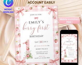 Berry First Birthday Invitation | Editable Canva Template | Strawberry Pink Gingham + Watercolor Strawberries (Digital Download)