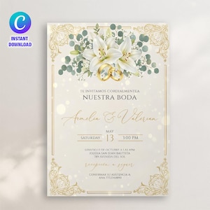 May include: Elegant wedding invitation with a floral design featuring white lilies and gold accents. The invitation includes the names Amelia & Valerian, date, time, and location details. The words "Instant Download" are in the upper left corner.