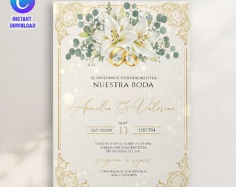 Invitación para Boda en Español para Editar, Elegante anillo de compromiso floral blanco Invitación de boda en español Plantilla editable de Canva para boda