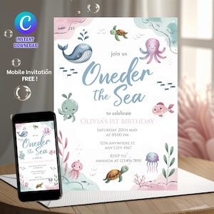 Oneder the Sea Birthday Invitation Printable, Under the Sea Editable Template, 1st Birthday Invite, Ocean Animals Girls Under the Sea Invite