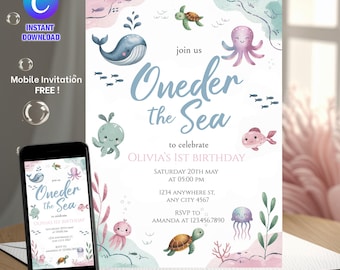 Invitación para primer cumpleaños bajo el mar: Animales marinos pastel (descarga digital)