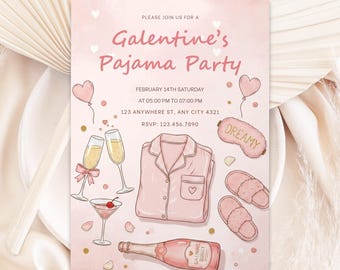 Invitación a la fiesta de pijamas de Galentine, Noche de chicas, plantilla editable de Canva (descarga digital)