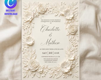 Plantilla elegante de invitación de boda: invitación floral de lujo en Canva / Invitación de boda minimalista y moderna / Descarga digital e imprimible
