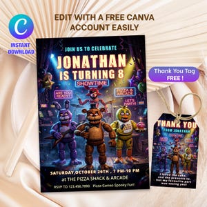 May include: A party invitation and thank you tag featuring the text "Jonathan is turning 8" with cartoon characters. The invitation includes event details: date, time, and location. The tag reads "Thank You" with a message.